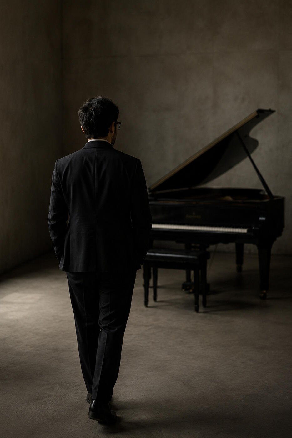 Austin Kleyn walking toward a grand piano